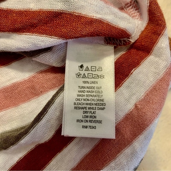 Linen Tee Medium White V-Neck Striped Olive Salmon Rust Short Sleeve 100% Linen - Picture 10 of 13